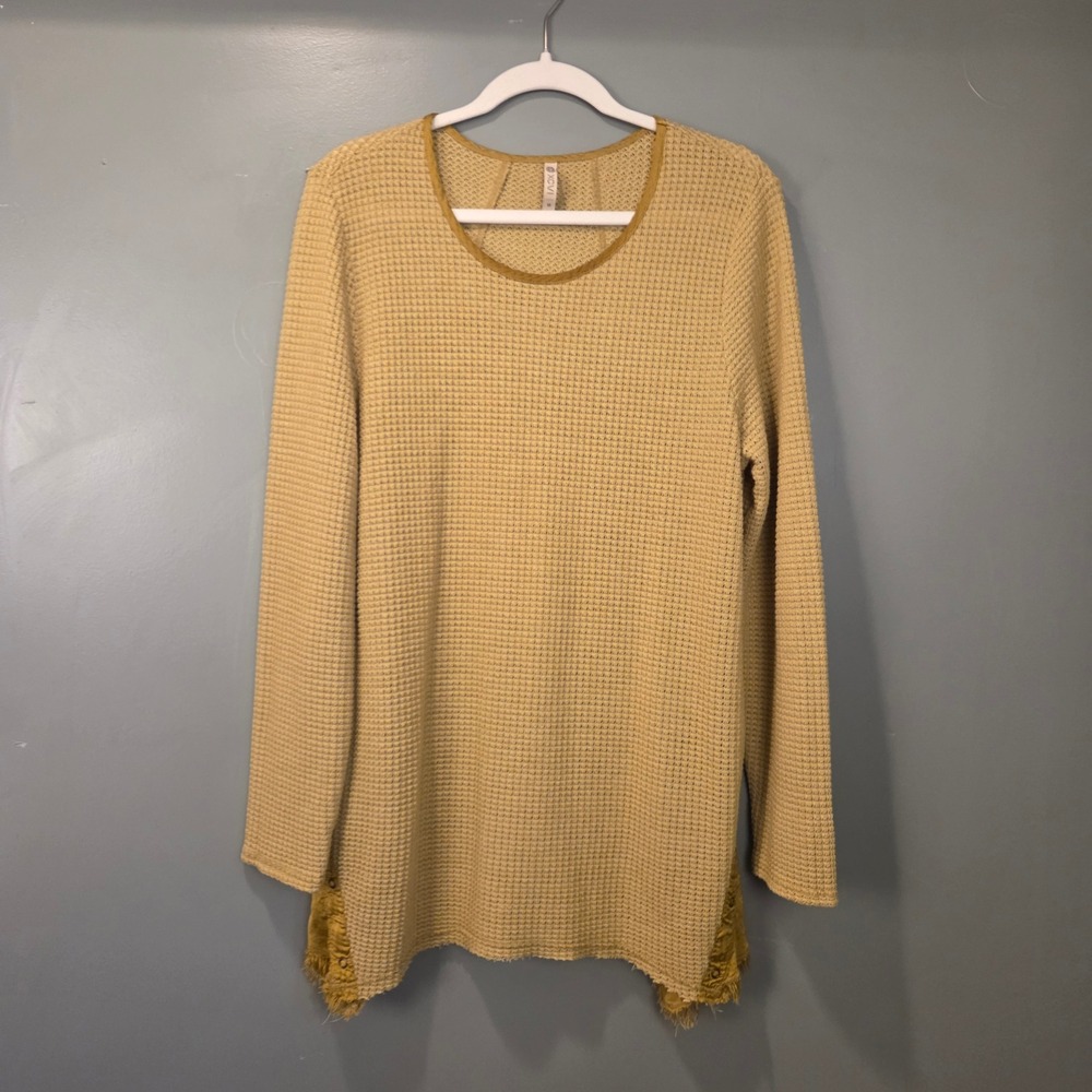 XCVI Women's Waffle Knit Mixed Media Tunic Oversized Fit, Size M, Mustard Yellow